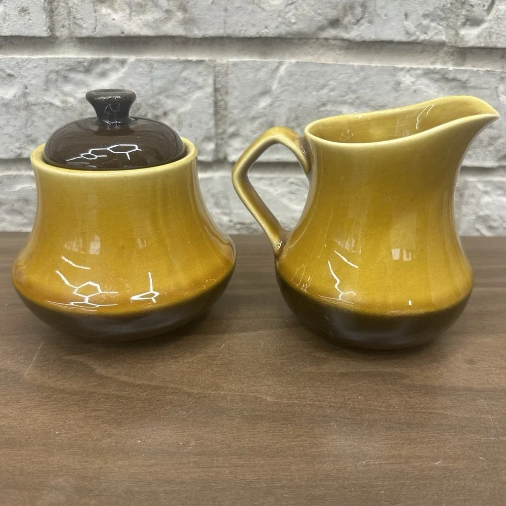 Vintage MCM Set Creamer & Sugar W Lid Two tone Brown Glaze Harvest Gold Japan